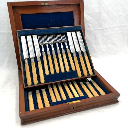 107 - Antique cased set of ivory handled fruit knives & forks (12 place setting) with original key