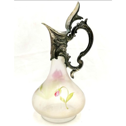 114 - Art Nouveau claret jug with plated hande and hand painted floral design to front and back.12