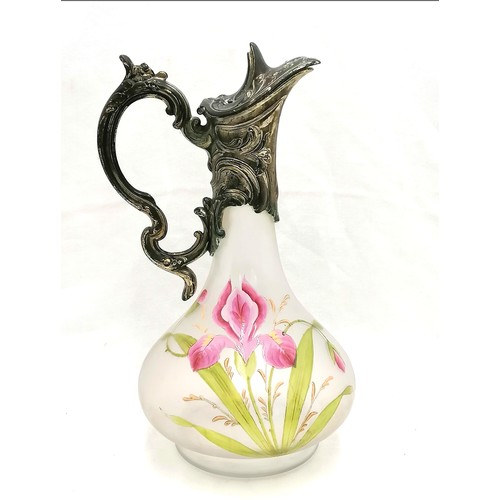 114 - Art Nouveau claret jug with plated hande and hand painted floral design to front and back.12