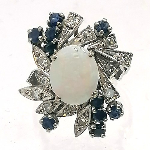 158 - Large 1950's 18ct white gold opal, sapphire & diamond ring