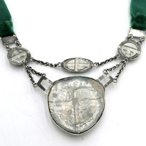 160 - Silver arts & crafts Ruskin? necklace on a velvet collar - approx 17