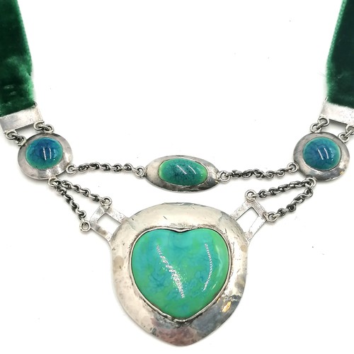 160 - Silver arts & crafts Ruskin? necklace on a velvet collar - approx 17