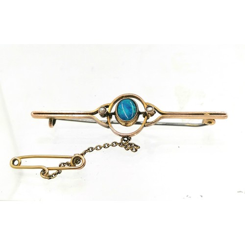 169 - 9ct gold opal & seed pearl bar brooch (with safety chain) in original box -2¼