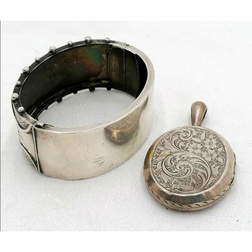 195 - Victorian silver bangle with applied gold decoration (clasp fixed) t/w silver hallmarked chased lock... 