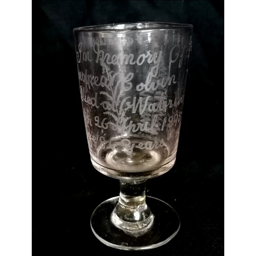 303 - 2 antique drinking glasses one with an inscription dated Waterloo 1895. tallest 5¾