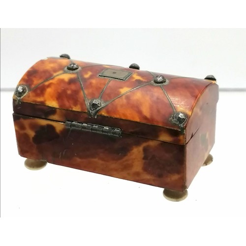 314 - Miniature tortoiseshell and silver antique casket/ring box /cabinet box. Has a split to the veneer o... 