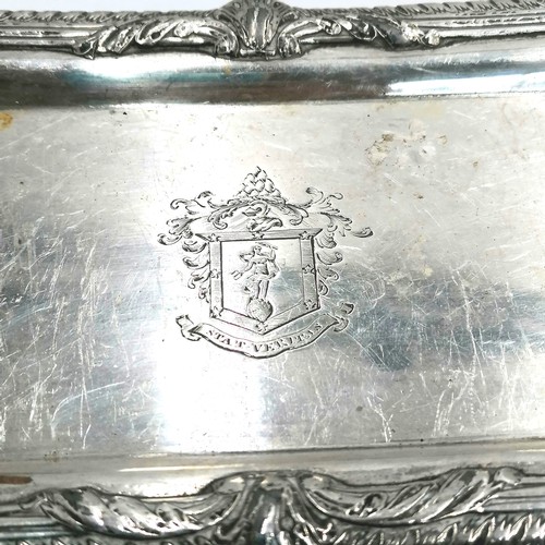 318 - Silver plated candle snuffer on tray with armorial on tray