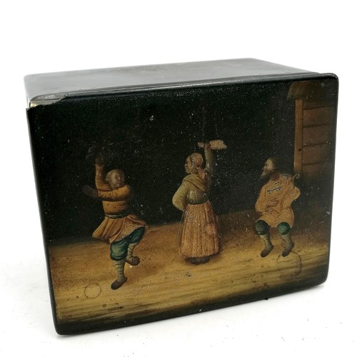 323 - Russian papier-mâché rectangular caddy box with painted scene to the lid of 3 dancing figures - 4