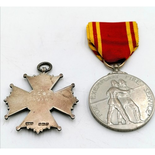 336 - 1914 dated silver & enamel bowling award t/w Fire Brigade long service medal (Stn Offr Thomas P Pate... 