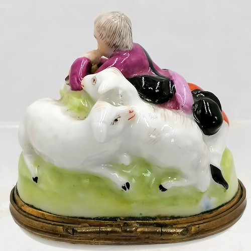 371 - Novelty snuffbox depicting shepherd, sheepdog & 2 sheep with hinged floral decorated lid - 2¾