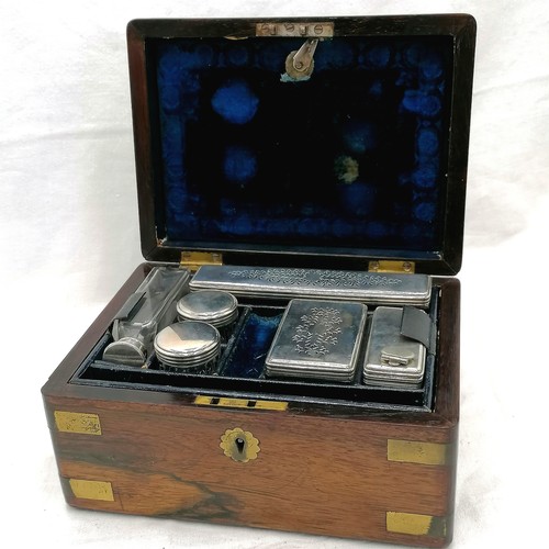 372 - Rosewood brass mounted travelling gents vanity box with original fittings of jars with silver plated... 