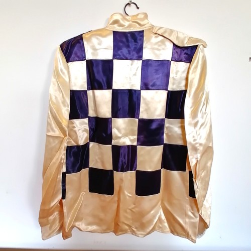 492 - Antique jockeys silk cream / purple check - in good condition although some discolouration