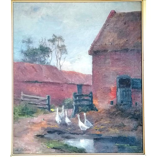 504 - 20thC oil on canvas of a farmyard scene by M Mathews in its original gilt frame, 21