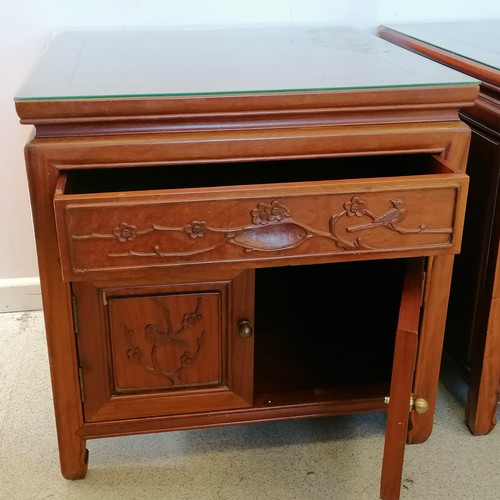 544 - Pair of Chinese hardwood side cabinets with single over a 2 door cupboard with carved fronts and gla... 