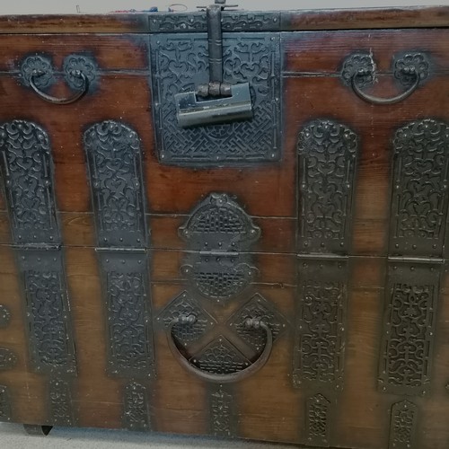 564 - 19thC Korean Bandaji chest with drop down front and wrought iron strapwork. With later paper lining ... 