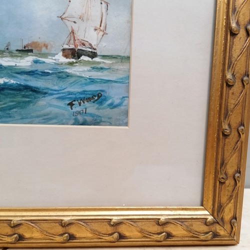 612 - Framed watercolour of sailing ships signed F wood 1901.