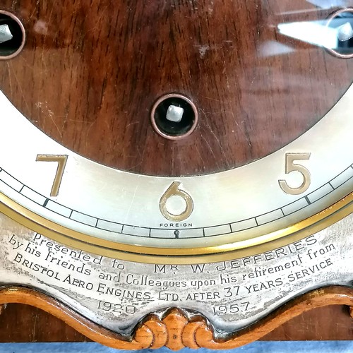 613 - 1950's striking mantle clock with presentation plaque for Mr W Jefferies for retirement from Bristol... 