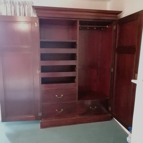 635 - Late Victorian 2 door mahogany fitted wardrobe with internal drawers & slides & original key