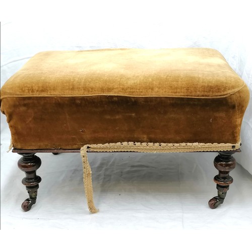 644 - Antique footstool with mahogany turned legs & casters with gold upholstery - 22