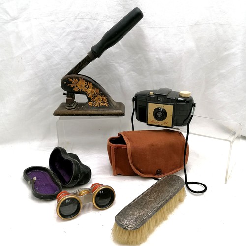 104 - Silver backed brush, cased opera glasses, antique desk stamp & Brownie 127 camera
-SOLD ON BEHALF OF... 