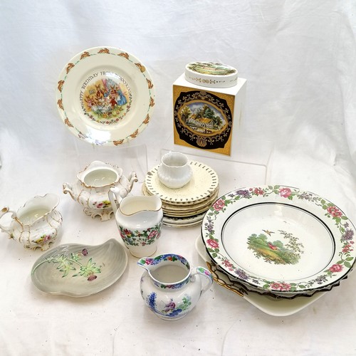 112 - Mixed lot of ceramics inc Bunnykins plate & Royal Cauldon (Twining) tea caddy (in good condition)