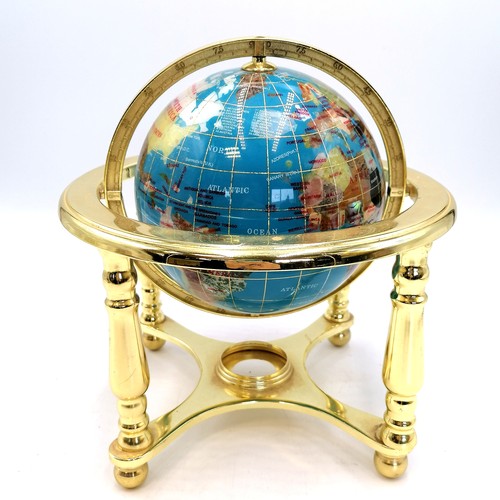 63 - Anodised gold metal framed inlaid globe on stand - approx 9