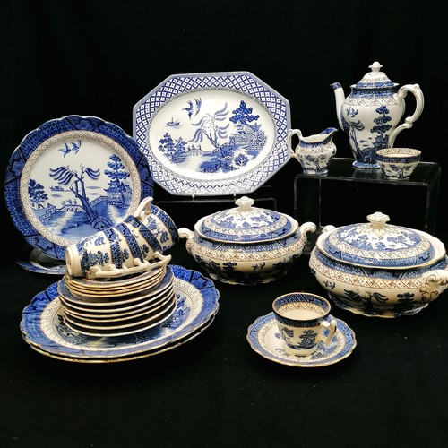 68 - Booths Real Old Willow coffee set ,Pot damaged to inside rim,chip to one plate, 2 dinner plates, 2 s... 