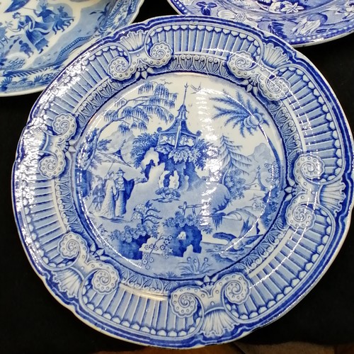 149 - 10 antique blue and white plates and soup bowls, including depicting camel, a/f, fallow deer, etc. a... 