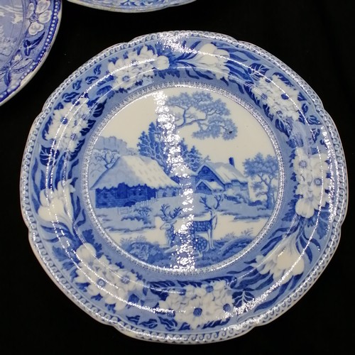 149 - 10 antique blue and white plates and soup bowls, including depicting camel, a/f, fallow deer, etc. a... 