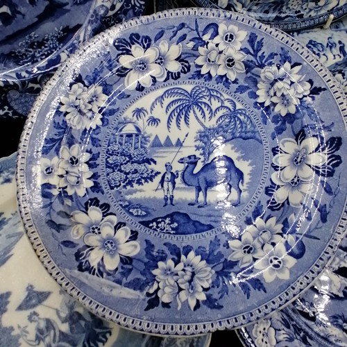 149 - 10 antique blue and white plates and soup bowls, including depicting camel, a/f, fallow deer, etc. a... 