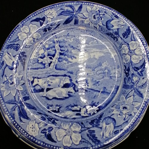 149 - 10 antique blue and white plates and soup bowls, including depicting camel, a/f, fallow deer, etc. a... 