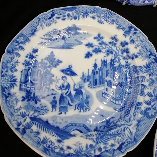 149 - 10 antique blue and white plates and soup bowls, including depicting camel, a/f, fallow deer, etc. a... 