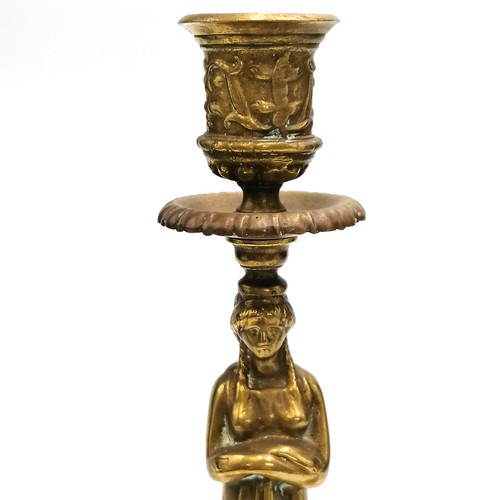 155 - Pair of brass Neo Classical figural candlesticks with traces of original gilding 9.5