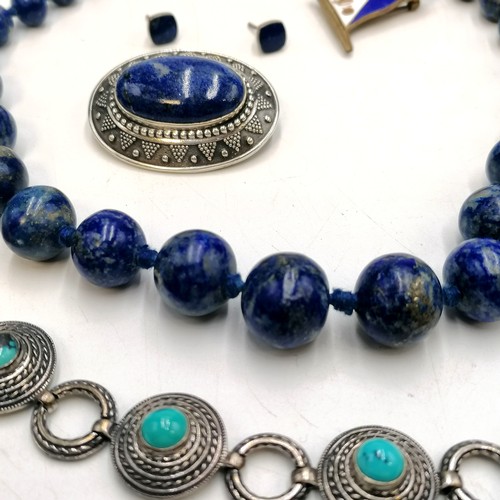 196 - Lapis Lazuli bead necklace, earrings, silver brooch, silver and turquoise set bracelet etc.