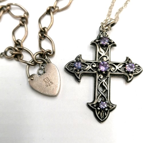 210 - Silver mother of pearl pendant on chain, silver amethyst cross on chain + 2 unmarked brooches + silv... 