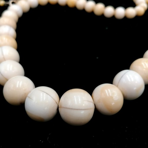 220 - Long strand of graduated antique ivory beads, largest 4cm diameter, 88cm long