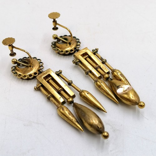 228 - Pair of 9ct antique Etruscan style screwback earrings, 6.4g, 5.5cm long , dent to the back of 1.