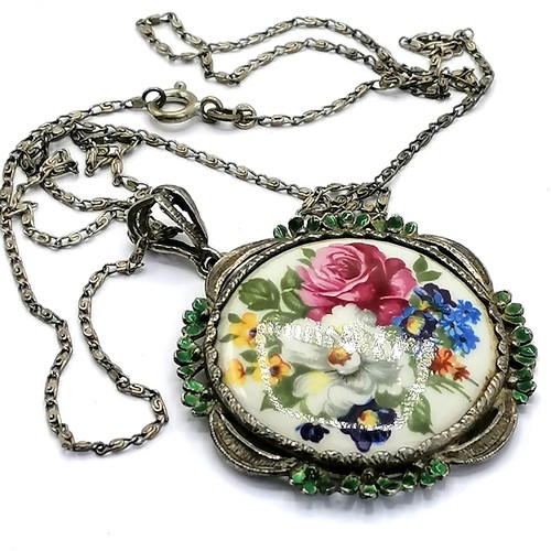 243 - Silver & enamel mounted floral plaque pendant (1½