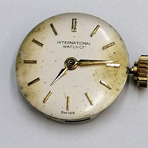 350 - IWC 18ct gold cased ladies manual wind wristwatch. Discolouration to the dial. Running.