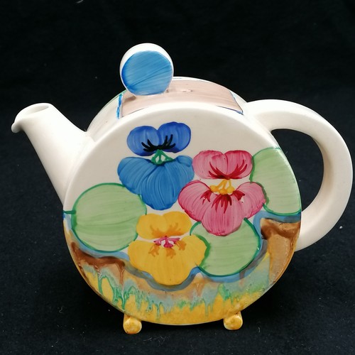 420 - Clarice Cliff Bizarre Pansies pattern trio (sugar - Rgd 784649, teapot 770343 height 5½