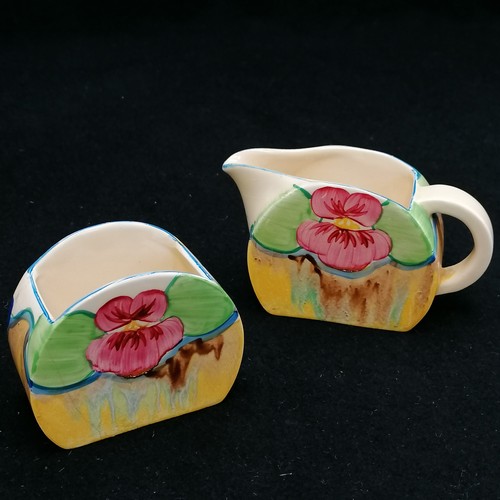 420 - Clarice Cliff Bizarre Pansies pattern trio (sugar - Rgd 784649, teapot 770343 height 5½