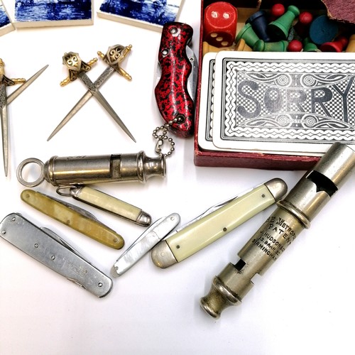 442 - Various penknives, whistles incl. The Metropolitan Patent, monocular etc.