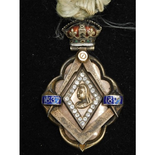 456 - 1897 Queen Victoria 60th anniversary silver gilt masonic medal - ribbon a/f & slight chip to enamel ... 