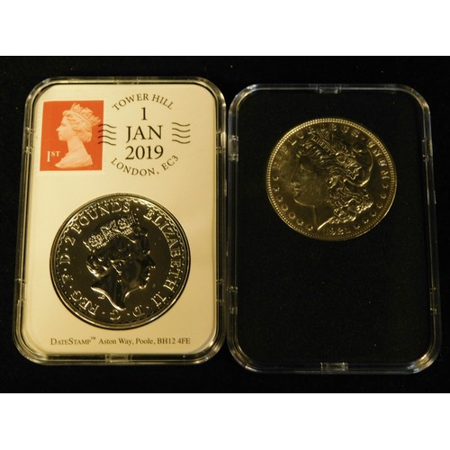 470 - Cased 2019 1oz Britannia coin t/w 1921 USA $1