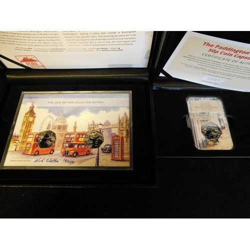 471 - Cased 2018 Paddington at the station 50p coin t/w 2018 pair of Paddington 50p coins signed Nick Watt... 