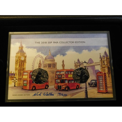 471 - Cased 2018 Paddington at the station 50p coin t/w 2018 pair of Paddington 50p coins signed Nick Watt... 