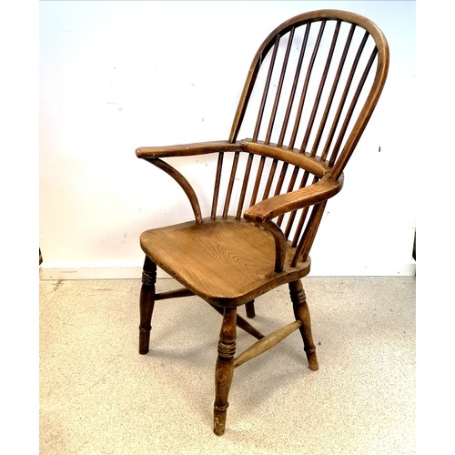 589 - Antique elm stick back armchair (has split on back rail) t/w elm kitchen chair