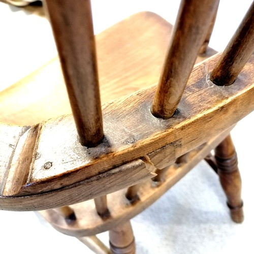 589 - Antique elm stick back armchair (has split on back rail) t/w elm kitchen chair