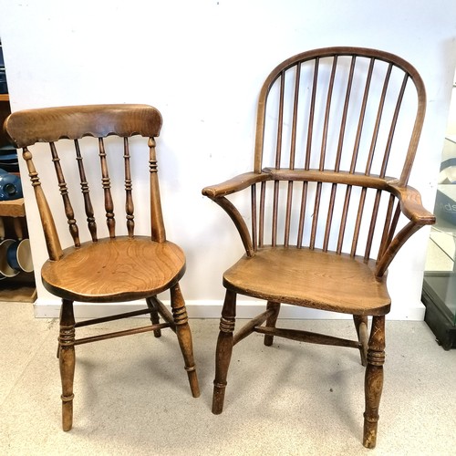 589 - Antique elm stick back armchair (has split on back rail) t/w elm kitchen chair