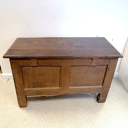 591 - Antique (Late 17th / early 18th century) oak 3 panelled front coffer on original high stiles legs wi... 